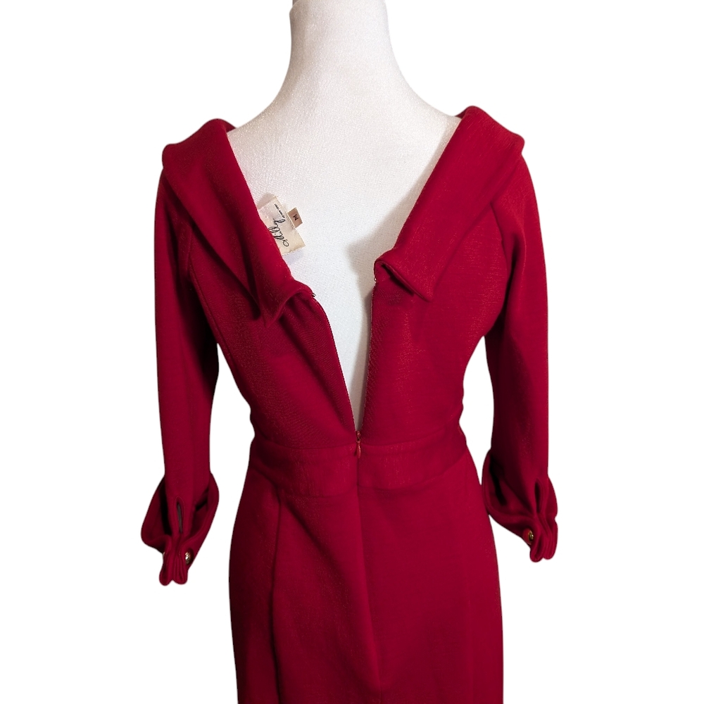 Milly NY Red Wool Sheath Dress Gold Chain Belt Sz M Old Money Classic USA - Picture 6 of 10